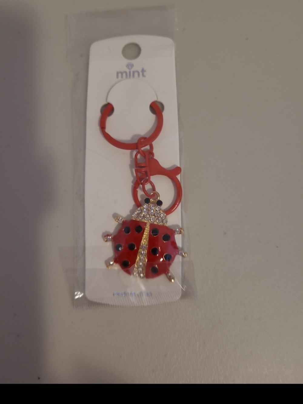 Mint Red Ladybug Charm Keychain with Gold & Crystal Accents